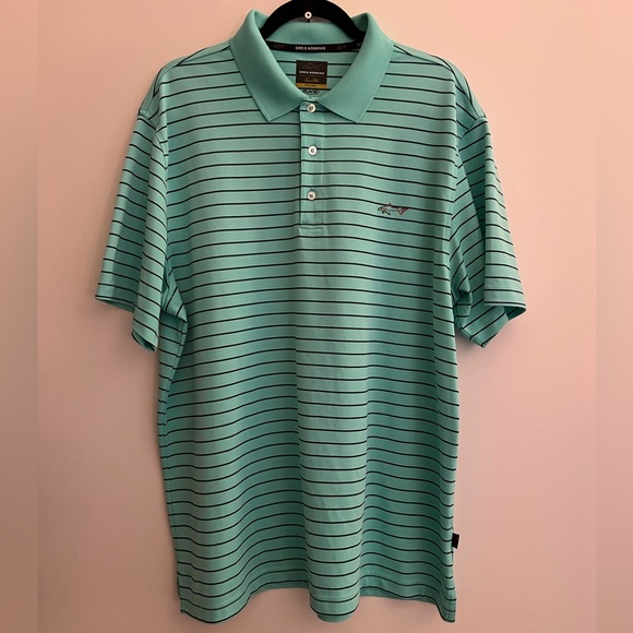 Greg Norman Collection Other - Greg Norman for Tasso Elba Five Iron Stripped Teal Golf Polo Size L